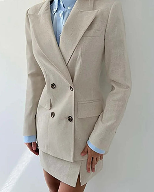 Aprikosenfarbener zweireihiger Minirock fürs Büro, zweiteiliges Set