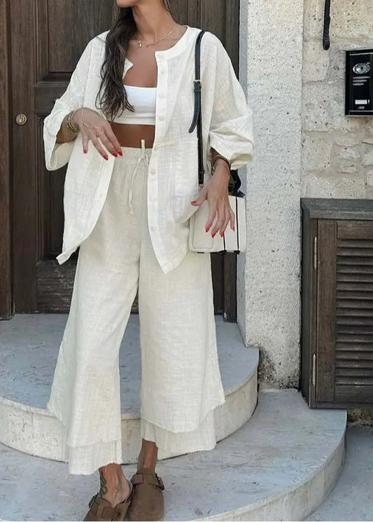 Aprikosenfarbene Baumwollhose mit Kordelzug fürs Büro, zweiteiliges Set