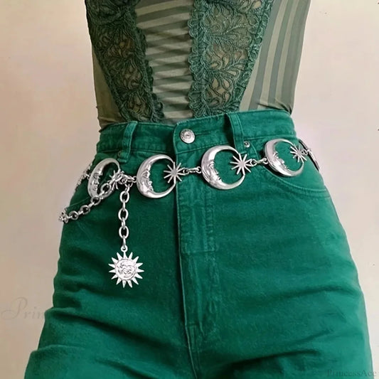 Adaptable Gothic Solar Lunar Star Charms Belt Silvery / 115CM