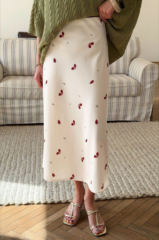 Floral Print Satin A-Line Midi Skirt