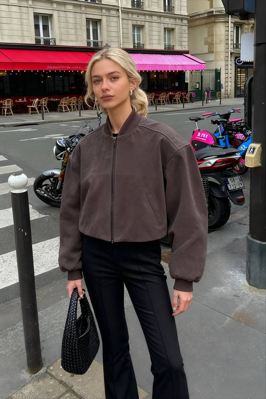 Retro-Pilotenjacke aus grauem Wildleder mit Stehkragen und Reißverschluss