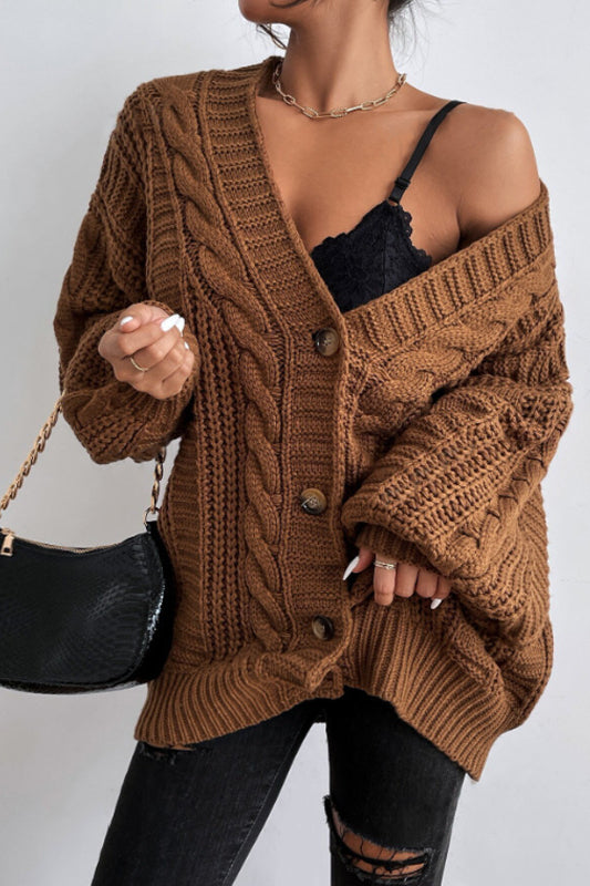 Strickjacke mit V-Ausschnitt und Ballonärmeln im Vintage-Stil mit Zopfmuster