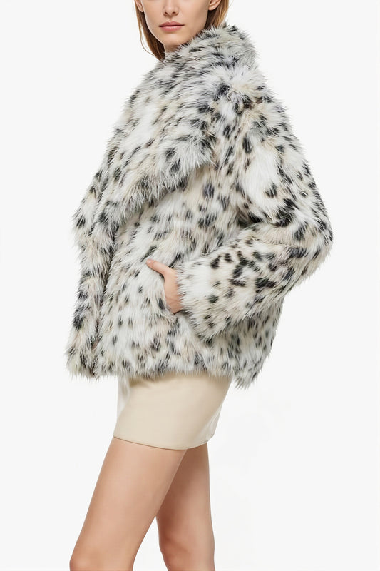 Spotted Wide Collar Faux Fur Coat