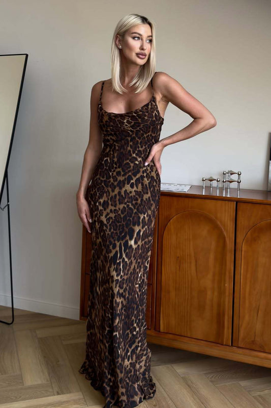 Tief ausgeschnittenes Camisole-Maxikleid mit Leopardenmuster