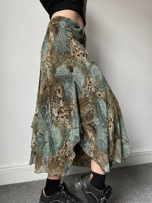 Aesthetic Floral Print Asymmetrical Boho Vacation Lace Skirt skirt-250126