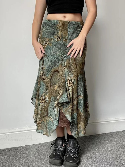 Aesthetic Floral Print Asymmetrical Boho Vacation Lace Skirt Green / S skirt-250126