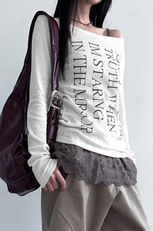 American Retro Oblique Collar Letter Print Long Sleeve Tee
