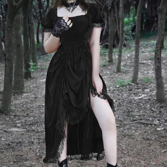 Ancient Lace Stitching Vintage Midi Dress Black / S