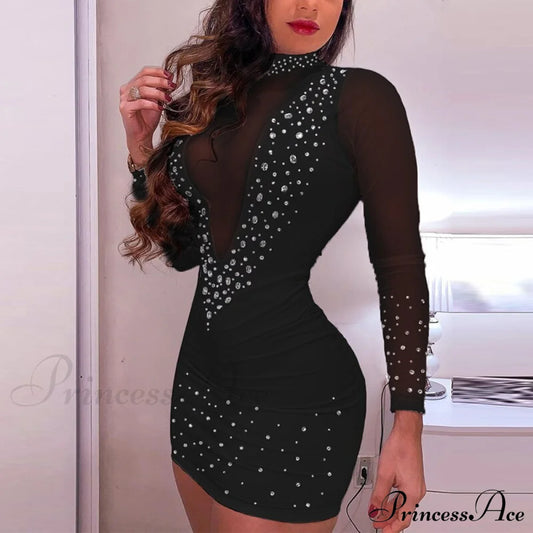 And Arm Detail - Gown Diamond With Lace Long Sheer Mesh Elegant Sequined Patchwork Party Mini