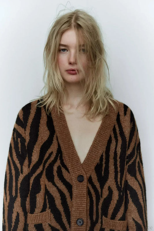 Animal Jacquard V-neck Long Sleeve Cardigan Yellow / S