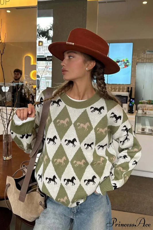 Argyle Colorblock Chillax Crew Neck Pullover Sweater Green / S