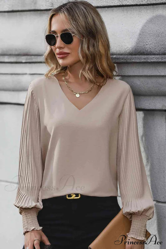 Pleated Lantern Sleeve V-Neck Long Sleeve Blouse Mocha clothes Hundredth long sleeve long sleeve shirt long sleeve shirts long sleeve top Ship From Overseas shirt shirts