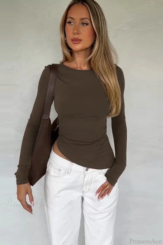 Asymmetric Hem Plain Long Sleeve Tee