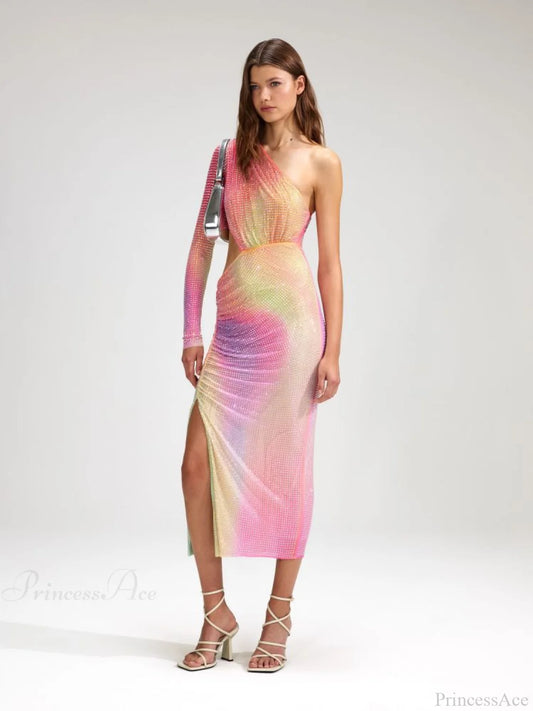 Asymmetrical Off-Shoulder Colorful High-End Prom Dress pink / XS promdress-250223