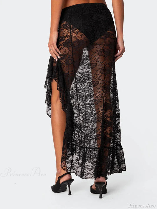 Asymmetrical Ruffle Lace Bodycon Summer Beach Y2K Long Skirt Black / S skirt-250126