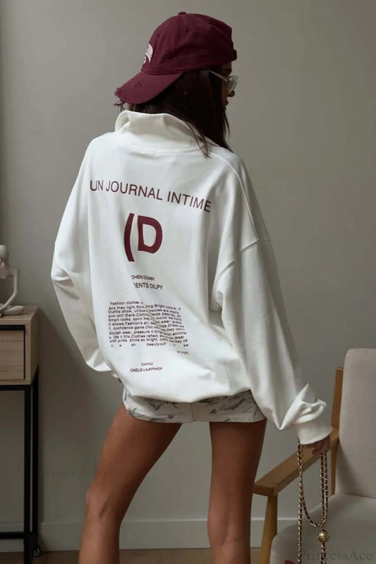 Athletic Color Block Letter Print Casual Sweatshirt White / S