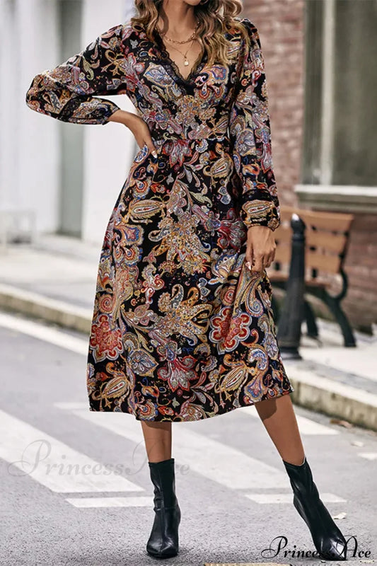 Autumn Sweet Fresh Bohemian Long Sleeve Floral Boho Dress Black / Xs