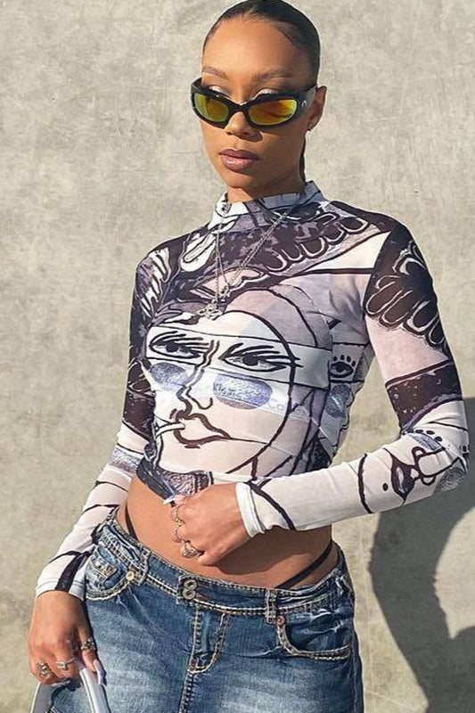 Sexy Bluse mit transparentem Mesh-Print, Rundhalsausschnitt und langen Ärmeln
