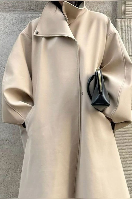 Stehkragen, Fledermausärmel, langer, lockerer Wollmantel