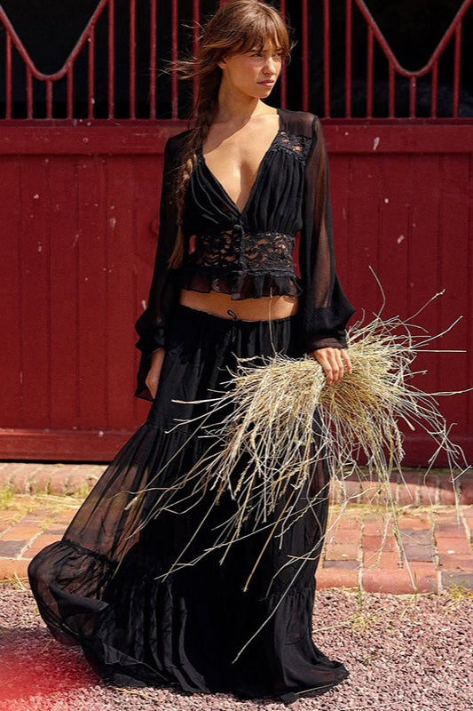 Sexy Set aus transparentem Chiffon-Spitzenrock und Bindeband