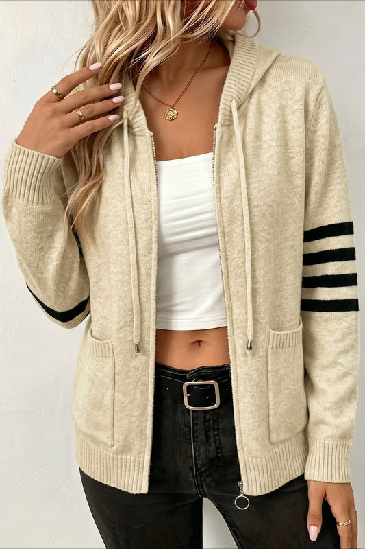 Hooded Stripe Sleeve Zip Cardigans
