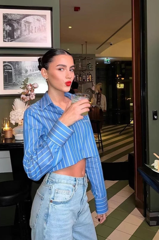 Gestreifte, langärmelige, lockere Kurzarmbluse