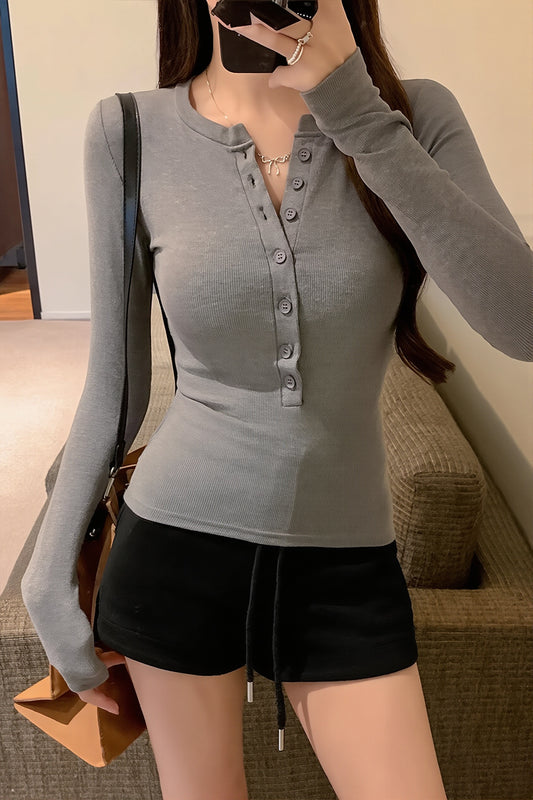 Ribbed Henley Neck Fitted Long Sleeve Tee