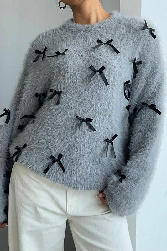 Mohair-Pullover mit Schleife, lockere Bluse