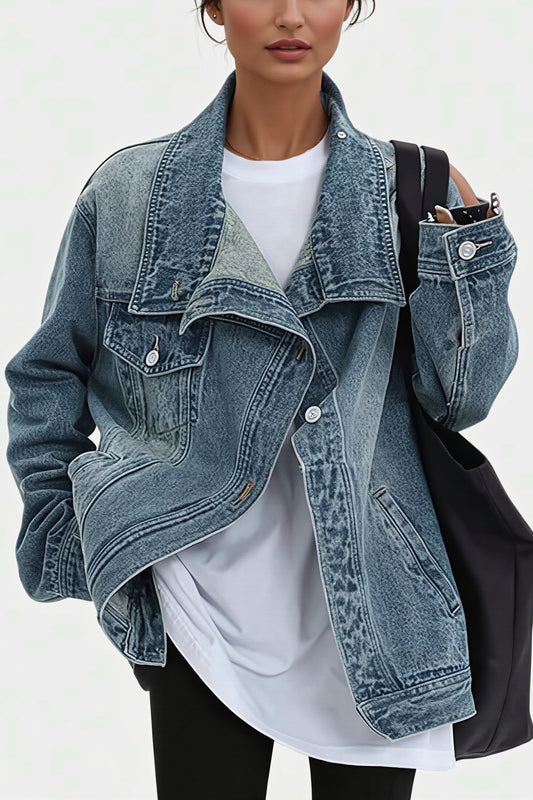 Asymmetric High Neck Denim Jacket