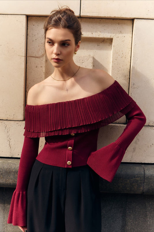 Langarmshirt mit Einsätzen, Raffungen, Knöpfen und schulterfreiem Ausschnitt