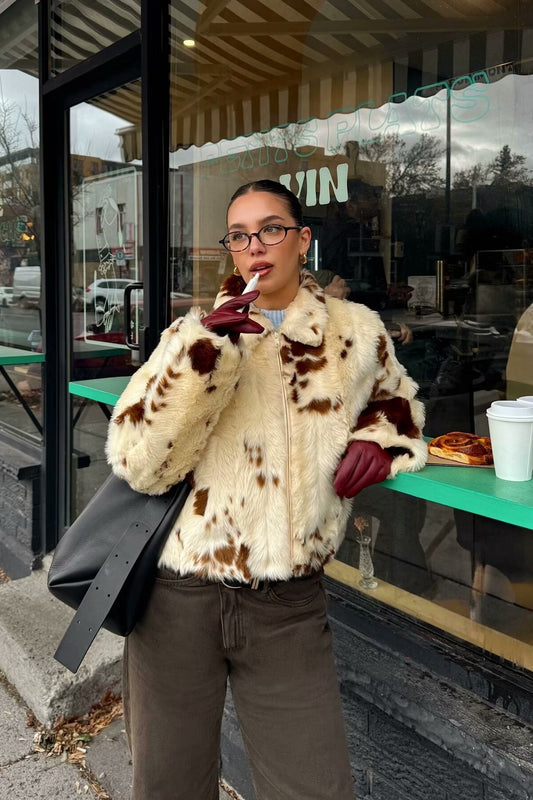 Cow Print Faux Fur Zip Jacket