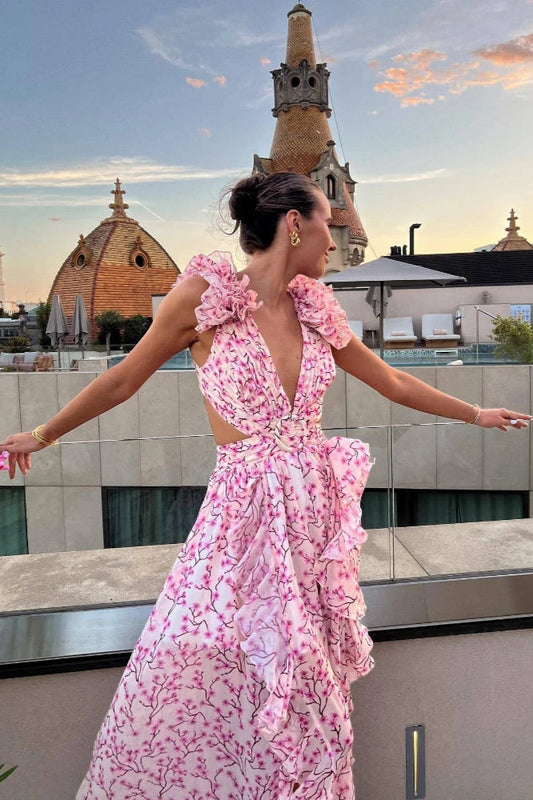 Kleid mit tiefem V-Ausschnitt und Blumenmuster