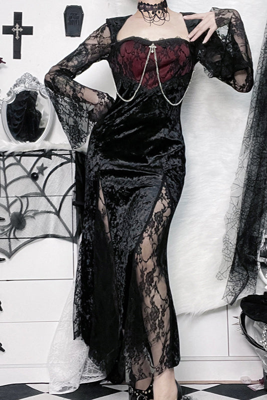 Gothic-Kleid mit Spitzenärmeln und Schlitz