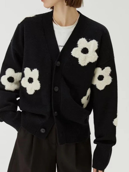 Jacquard-Strickjacke mit V-Ausschnitt