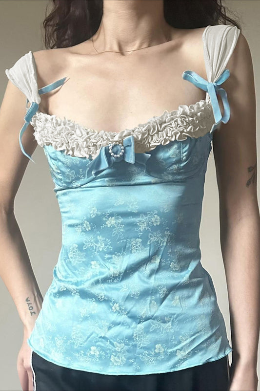 Tanktop mit Spitze, Schleife, Blumenmuster, eckigem Ausschnitt und taillierter Passform