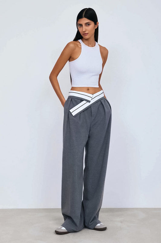 Color Block Wide Leg Tailored Pants Grey / S