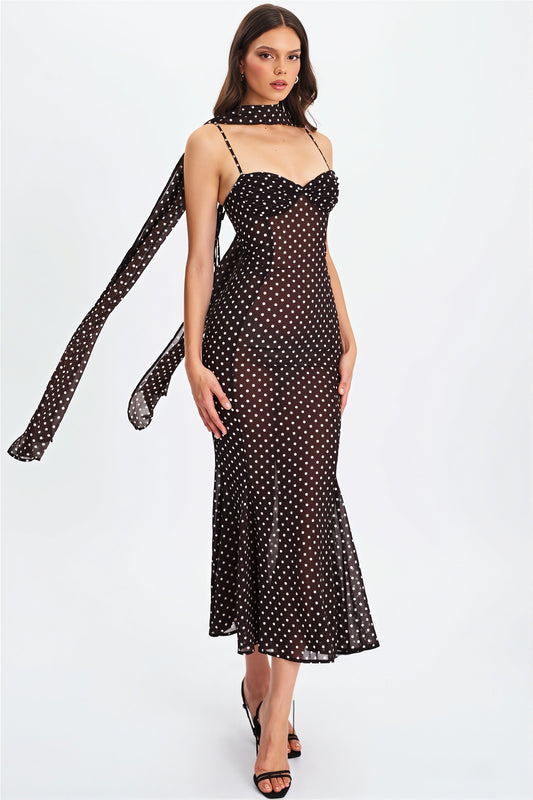 Polka Dot Ribbon Sheer Bodycon Maxi Dress