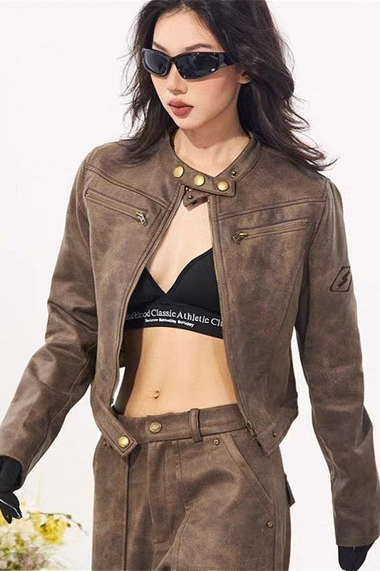 Vintage Wildlederjacke mit Stehkragen