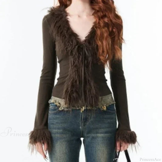 Bandage Fur Patchwork V-Neck Cardigan Brown and Green / XS