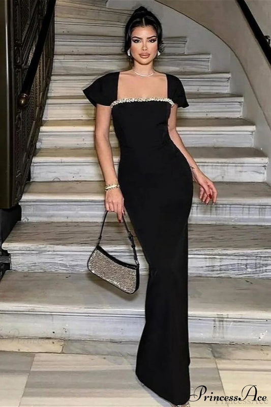 Bandage Rhinestone Square Neck Raglan Sleeve Party Dress Black / XS