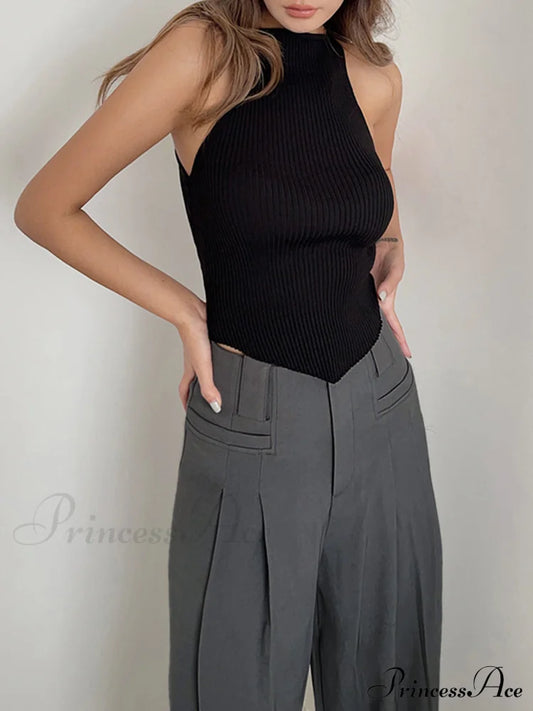 Basic Ribbed Graceful Sweater Vest Sweaters-L