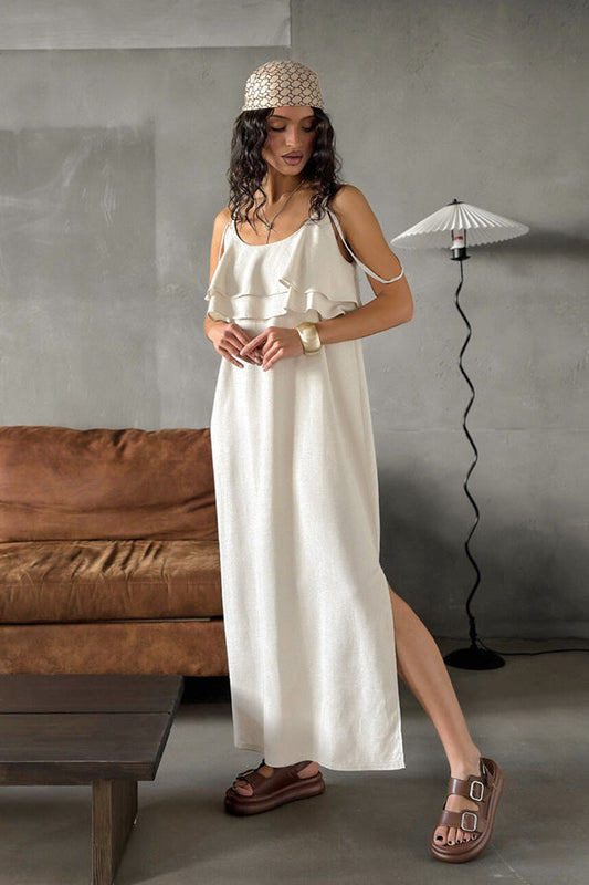 Khaki Linen Cami Ruffled Round Neck Maxi Dress Beige / S