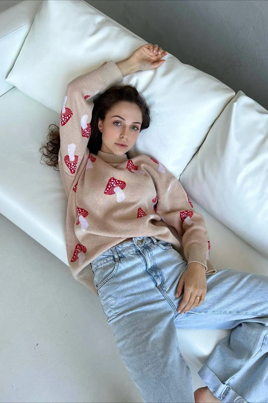 Jacquard-Strickpullover mit Pilzmuster