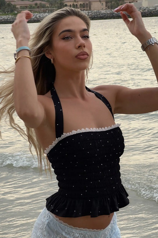 Crop Top mit gerüschtem Neckholder und Bindeband