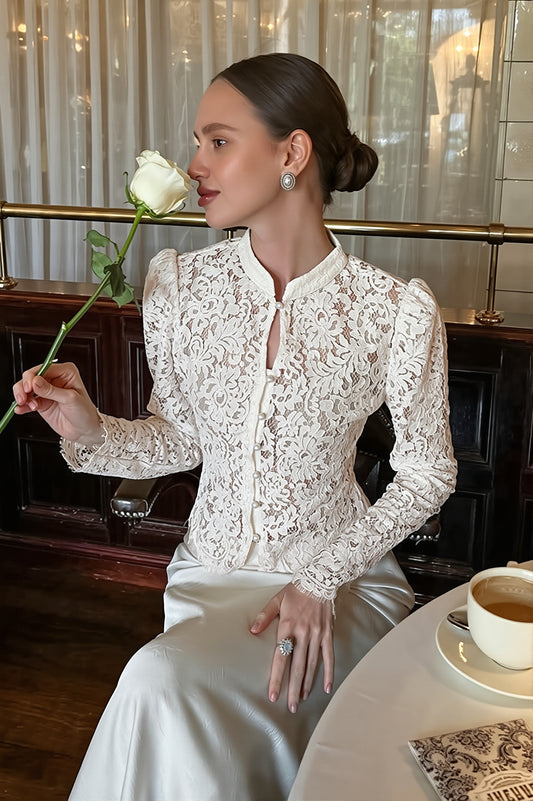 Lace Stand Collar Split Hem Blouse