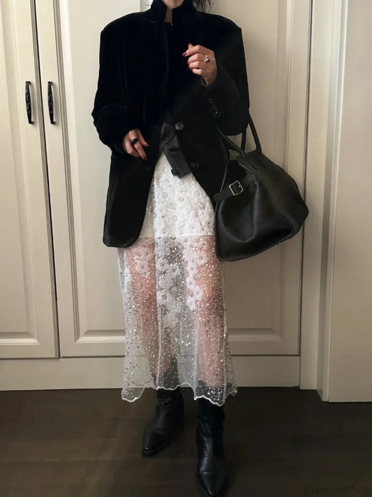 Beaded Sequin White Mesh A-Line Skirt