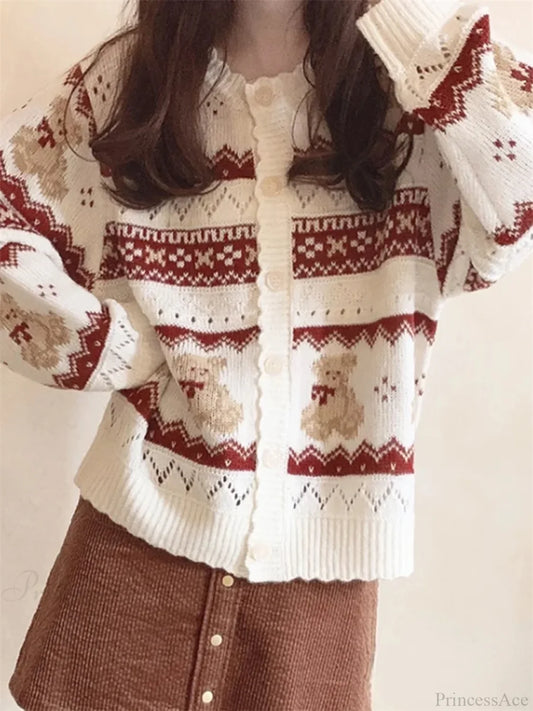 Bear Print Long Sleeve Button-Down Cardigan white / S