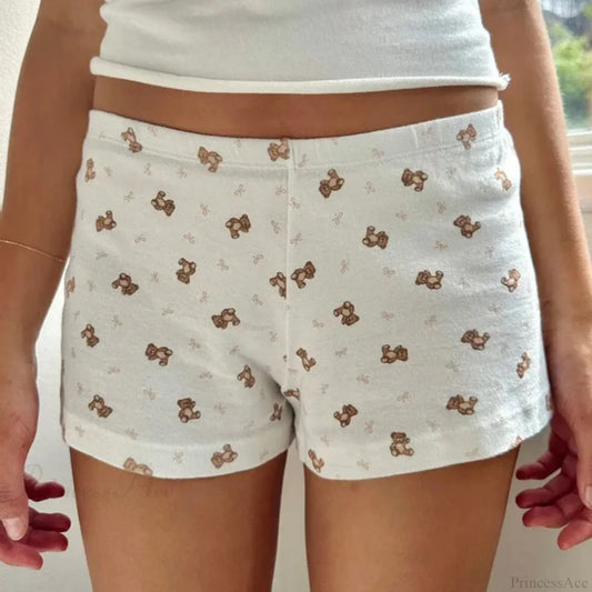 Bear Print Retro Slim Fit Camis Low Rise Shorts Two Pieces Set Shorts / S twopiecesset-250126