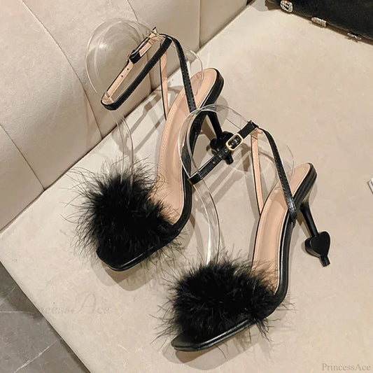 Big-Size 42 Sexy Ankle-Strap Strange High-Heels Fluffy-Feather Sandals Gladiator Square-Toe Party