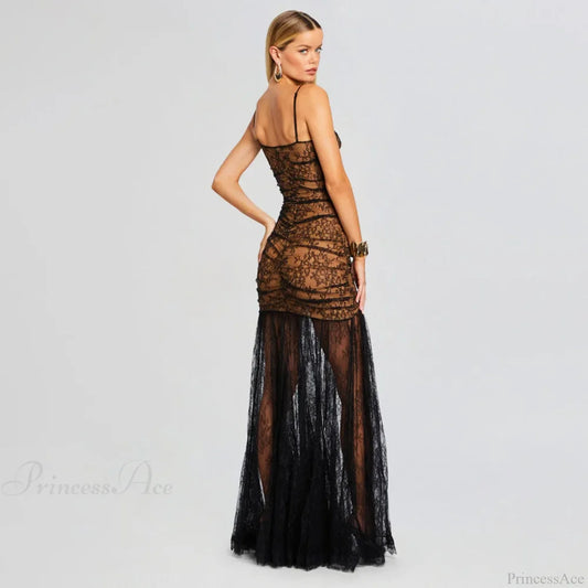Black Pleated Lace Halter Party Dress Partydress-241208